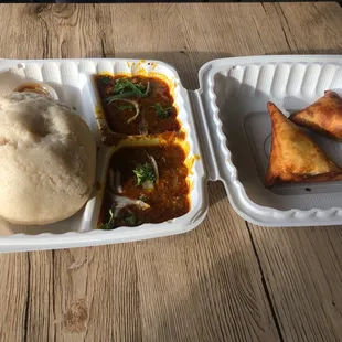 Fufu with palm oil soup and samosa