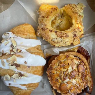 Almond croissant, almond bear claw, almond tart