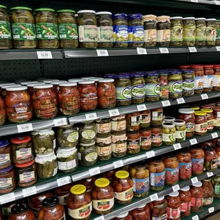 a shelf of canned food