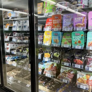 a refrigerated display case in a grocery store