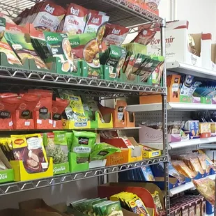 shelves of food in a grocery store