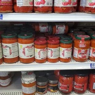 a shelf of canned food