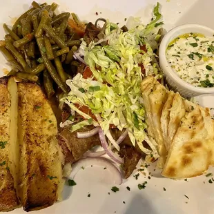 Mixed Grill Platter: Gyro, Pork Souvlaki, Loukaniko, green beans, Greek potatoes, tzatziki, pita