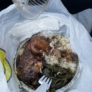 My daughter couldn't wait. She had white rice, jerk chicken and collard greens