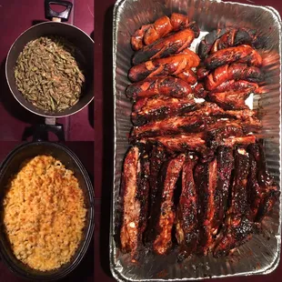 Smoked sausages, pork ribs, five cheese macaroni and cheese and garlic butter green beans.