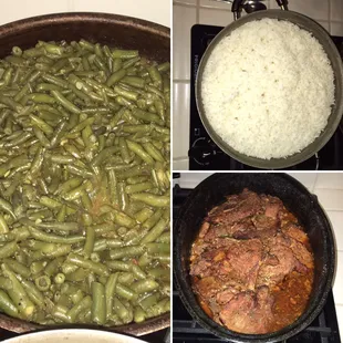 Smothered Bourbon pork chops, white rice and garlic green beans.