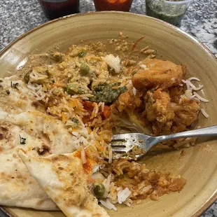 Leftover Mixed Vegetable Masala, Aloo Gobi Curry, Garlic Naan and chutneys