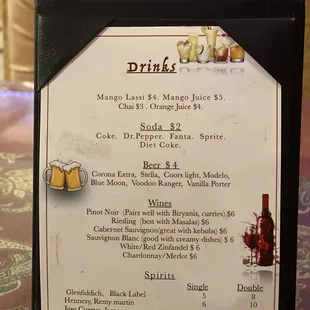 a menu for drinks