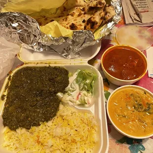 Saag Paneer (spinach) so so good, veggies korma n chicken masala $13.99 I shared w my husband so reasonable.