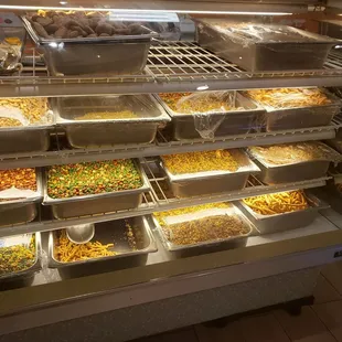 a display case filled with food