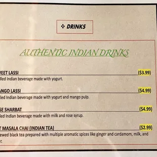 (drink menu) (the chai may be free? there's a sign)