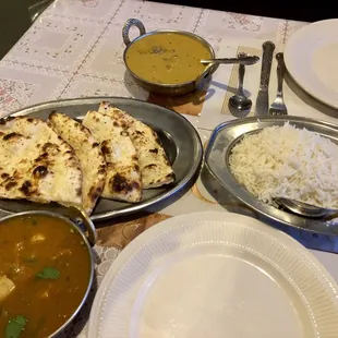 Taste of India -- Chicken Curry, Rogan Josh, Garlic Naan and Basmati Rice