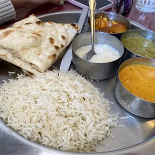 Chicken tikka masala, chicken vindaloo, saag paneer, rice &amp; naan