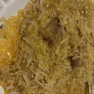 Lamb curry over white basmati rice.