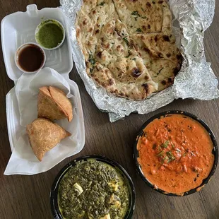 Samosas, Saag Paneer, Butter Chicken, Garlic Naan