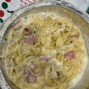 Apparently fettuccine carbonara. A joke of bad taste!