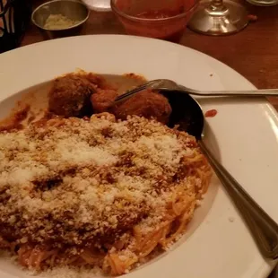 Angel hair with meat sauce and meatballs.