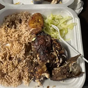 Jerk chicken, rice &amp; peas, cabbage and plantains!