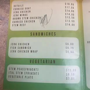 Updated menu prices February 2023