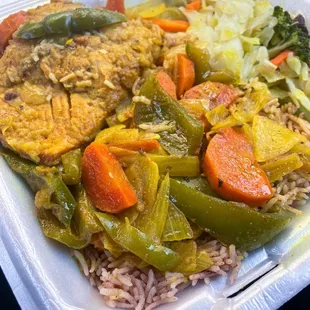 Curry Salmon Dinner W/ Rice &amp; Peas and Cabbage