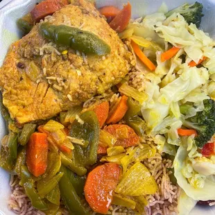 Curry Salmon Dinner W/ Rice &amp; Peas and Cabbage