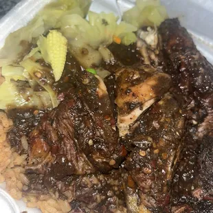 Jerk Chicken, Rice and Peas and Cabbage
