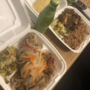 Red Snapper Escovich Style with Oxtail Gravy over Rice and Peas w Cabbage. Curry Chicken Patties. Jerk chicken plate with 2 rings!