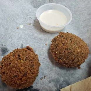 Falafel &amp; tahini/yogurt/??lemon juice? dipping sauce.