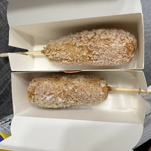 Korean Hotdog. One is cheese, the other is cheese with sausage super yum