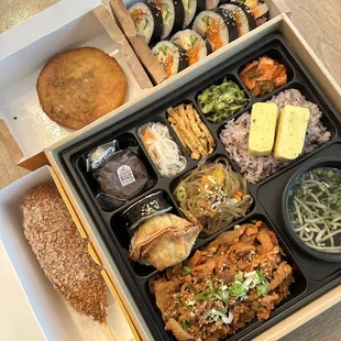 Sausage and cheese hot dog, hotteok, ham kimbap, spicy pork premium doshirak