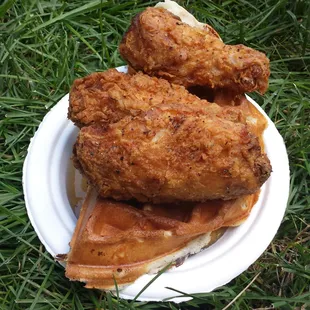 healthy portion of fried chicken &amp; waffles