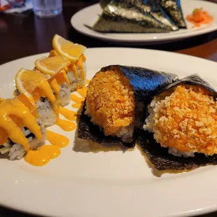 Pink lady roll, spicy salmon hand rolls