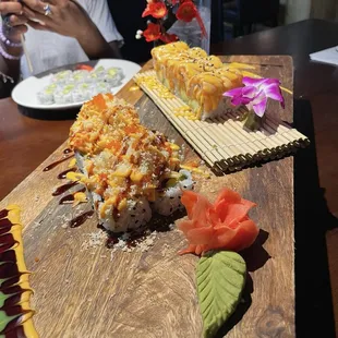 Salmon lover roll, dynamite roll, California, shrimp avocado roll