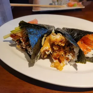 Hand rolls. Salmon, crab, salmon skin