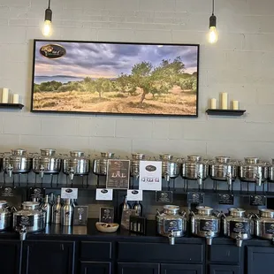 A wall full of fresh infused olive oils and vinegars!!