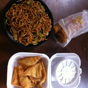 Vegetable Lo Mein, Crab Rangoon, and the best Egg-Rolls EVER.