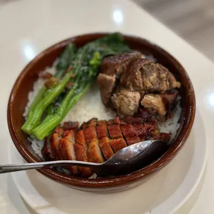 Clay pot with half duck and half bbq pork