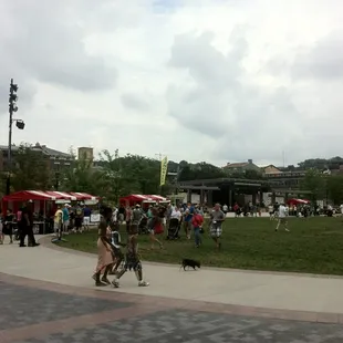a crowd of people walking in a park