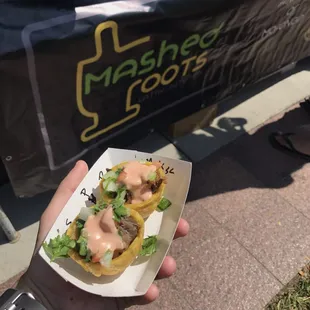 Tiny Mofongo. You can order different types of meet and toppings for just $3!