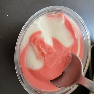 Let me some of this sweet treat soft serve ice cream.  Strawberry Vanilla.