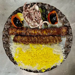 Soltani ( combination of filet Mignon kabob &amp; Ground beef kabob (koobideh)