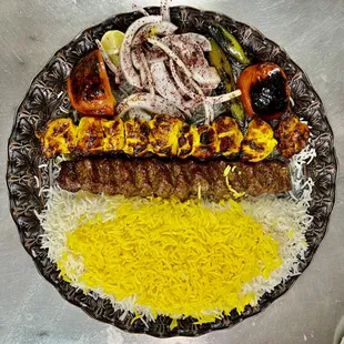 Combination of chicken thigh kabob and ground beef kabob (koobideh)