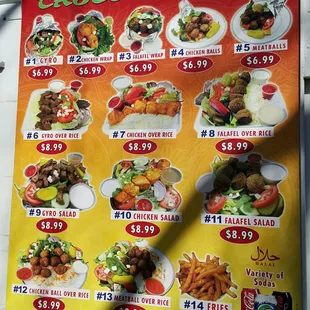 a menu for a variety of foods