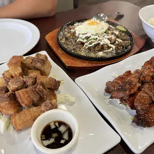 Lechon kawali, sisig, pork bbq skewers