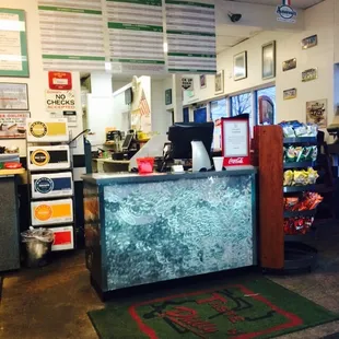 a view of a restaurant counter