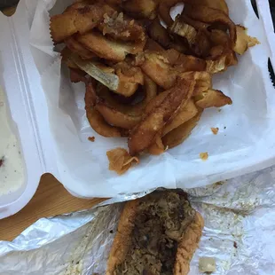 Fries were cold and stale, onion rings were smashed and soggy. Philly was good, looked sloppy and was not what we ordered.