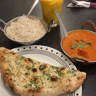Butter Chicken, Garlic Naan, Mango Lassi