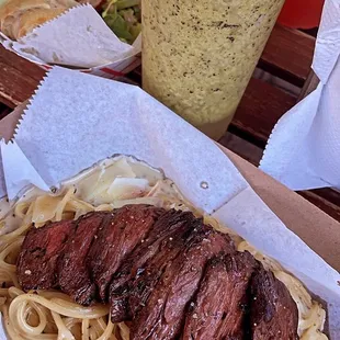 Hanger Steak with Pasta &amp; pepper sauce.