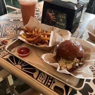 Side of Hand Cut Fries Crispy Chicken Burger strawberry lemonade