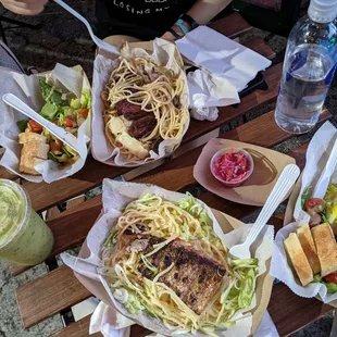 top: hangar steak with mushroom pasta bottom: red snapper special with pesto pasta